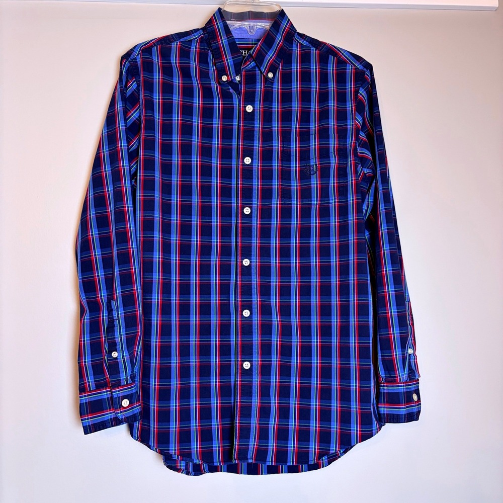 Chaps Mens Small Blue Plaid Stretch Easy Care Button Down Shirt Long Sleeve
